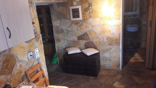 皮洛斯Maggie's Traditional home的客厅设有石墙和沙发。