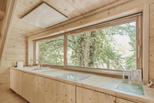 诺茨瓦约Treebox Noszvaj的一个带水槽和大窗户的厨房