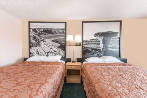格伦代夫Glendive Lodge的两张位于酒店客房的床,墙上挂有图片