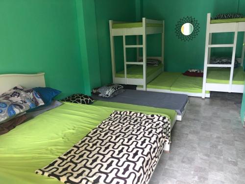卡拉莫安Airusxander Front Beach Resort的一间卧室设有两张双层床,拥有绿色的墙壁