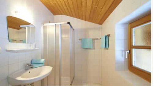 费尔兹姆斯Appartment Rettenwender的白色的浴室设有水槽和淋浴。
