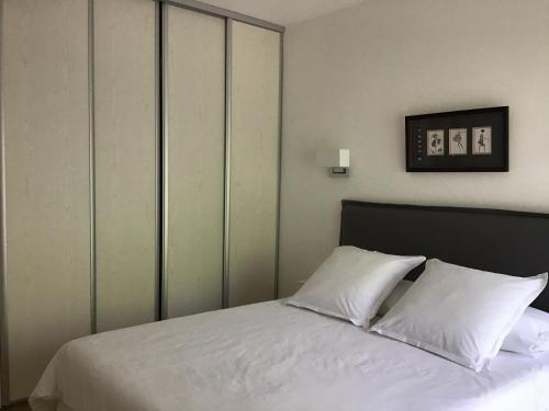 普罗旺斯艾克斯Grand T2 5min du centre historique D'Aix en Provence的一间卧室配有带白色床单和枕头的床。