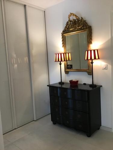 普罗旺斯艾克斯Grand T2 5min du centre historique D'Aix en Provence的一间卧室,配有梳妆台和镜子上的两盏灯