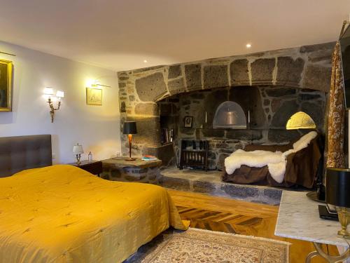 Curières普埃克住宿加早餐旅馆的一间卧室设有黄色的床和石头壁炉