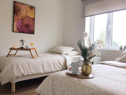 拉拉古纳Lujoso Apartamento en San Cristobal de la Laguna的一间卧室配有两张床和一张带花瓶的桌子