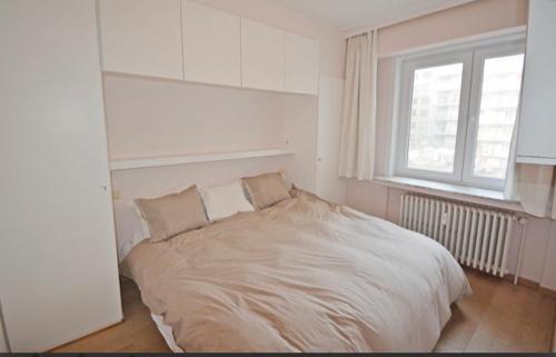 克诺克－海斯特bel appartement à 100m de la plage的窗户客房内的一张白色床