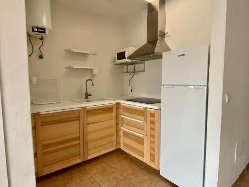埃斯普霍斯Apartamento para 4-5 personas en es Pujols, Formentera的厨房配有白色冰箱和木制橱柜。