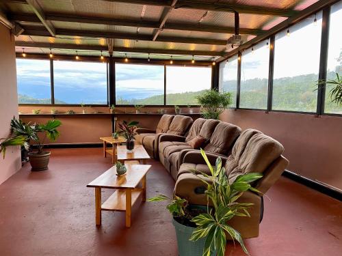 下博克特Buena Vista Boquete的大型客房设有沙发、桌子和窗户。