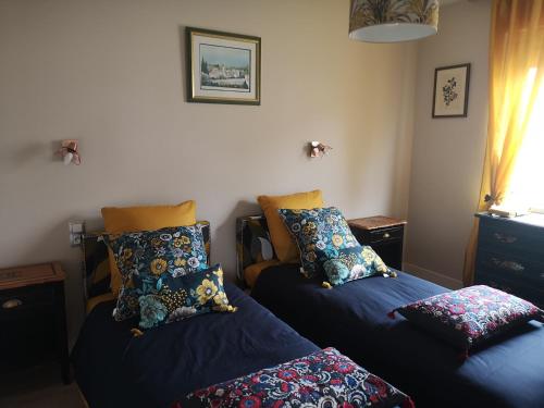 贝桑于潘港La maison du bonheur的一间卧室配有两张带枕头的床。