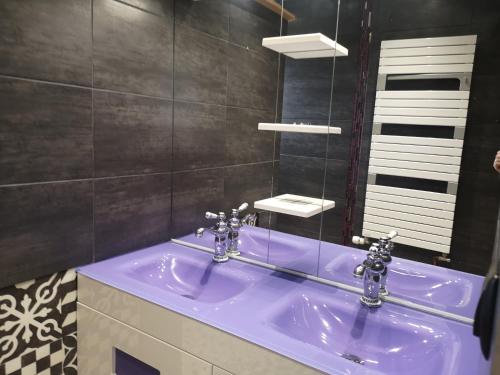 贝桑于潘港La maison du bonheur的浴室设有蓝色水槽和镜子