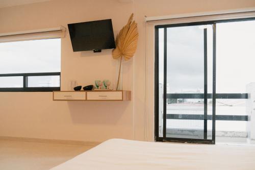 阿瓜斯卡连特斯Hotel Fratelli的卧室设有平面电视和窗户。