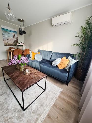 沃鲁Hubane Olevi Apartment的客厅配有蓝色的沙发和茶几