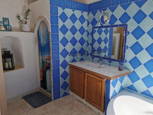 萨雷尔讷Maison de Village aux portes du verdon的蓝色瓷砖浴室设有水槽和镜子