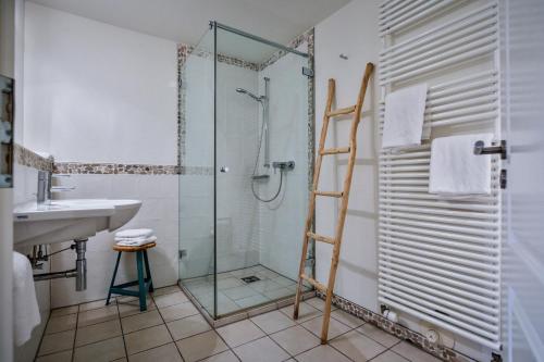 兰图姆Duenenperle的一间带玻璃淋浴和水槽的浴室