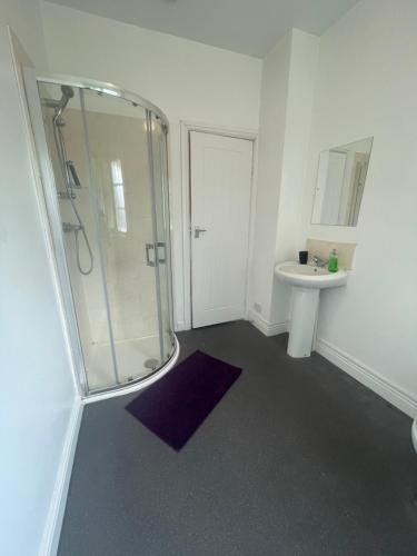 莱斯特De Luxe Aparthotel的带淋浴和盥洗盆的浴室