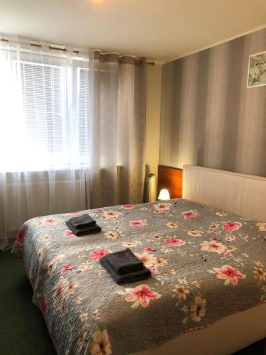 普列维扎霍克卡酒店的一间卧室配有一张带花卉床罩的床