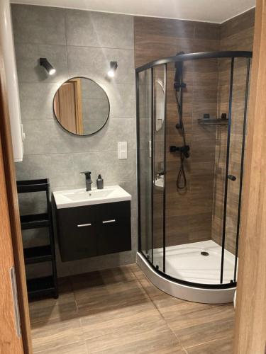 里沃Domki Kalimera Rewal的带淋浴、盥洗盆和镜子的浴室