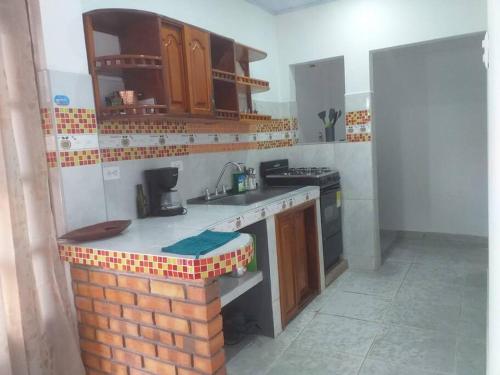 莱蒂西亚Hermoso y cómodo apartamento en Leticia的厨房设有水槽和砖墙