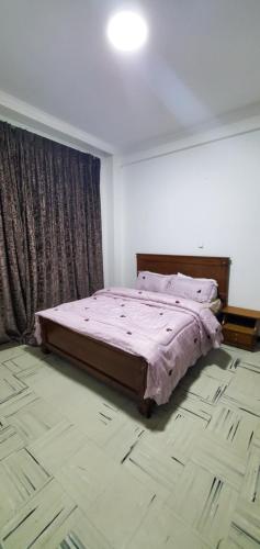 亚的斯亚贝巴Cozy 1-bedroom luxury Apartment的一间卧室配有一张带粉红色棉被的床