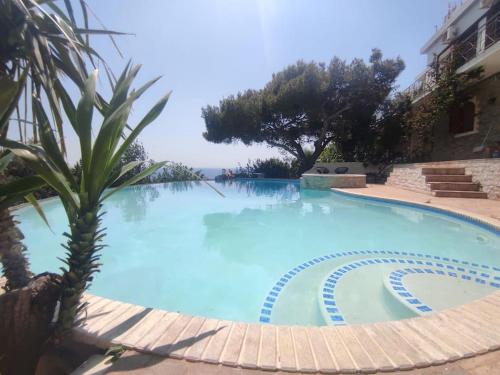 拉格尼西3-house Villa with amazing infinity pool的一座大型蓝色游泳池,位于大楼旁边