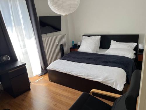 特里尔Trier City Center Apartments & Stadthaus, Zentrum的一间卧室配有一张带黑白色棉被的床