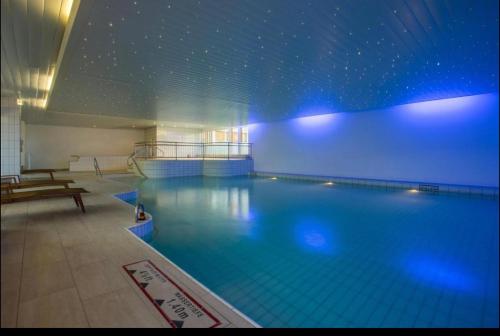 苏黎世Studio的一座带蓝色墙壁的大型游泳池
