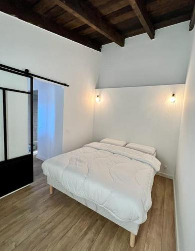 圣弗洛朗maison chaleureuse en plein coeur du centre ville的卧室配有白色的床和2个枕头