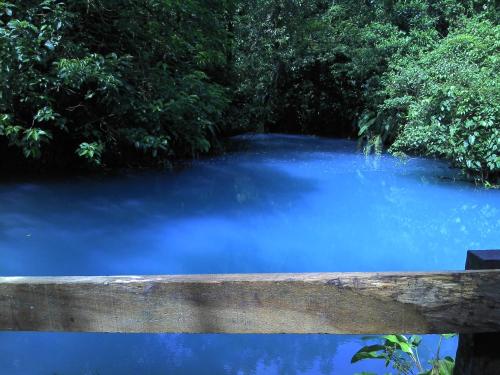 San RafaelHospedaje Rio Celeste Katira, Habitación privada的一条蓝色的河流,前面有木栅栏