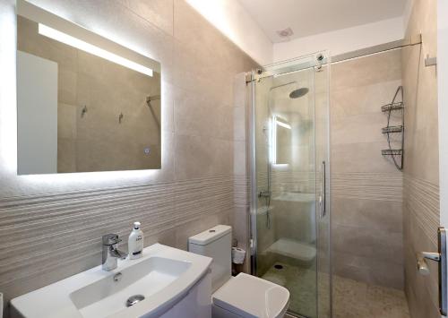 爱琴娜岛AXS Top Floor Apartment的一间带水槽、淋浴和卫生间的浴室