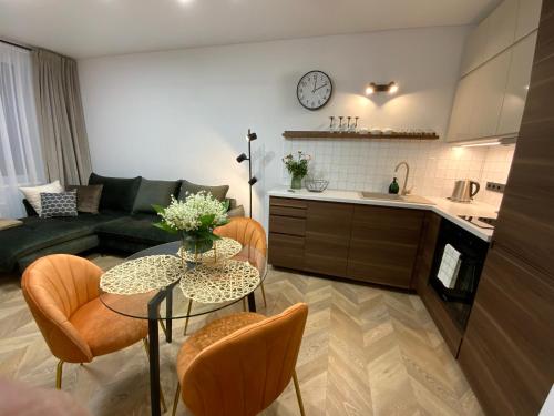 德鲁斯基宁凯Alėjos Apartmentai City的厨房以及带桌椅的起居室。