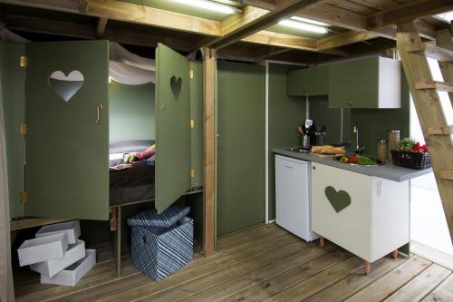 博尔塞纳Blu International Camping的一间厨房,拥有绿色的墙壁,并在客房内提供一张床