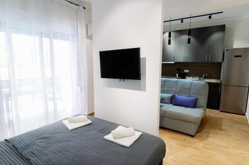 亚历山德鲁波利斯Stamatina's Luxury Apartment (Little Suite)的一间卧室配有一张床,墙上配有电视