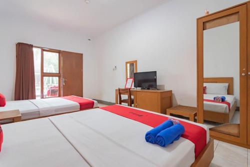庞岸达兰RedDoorz Plus At Hotel Sofia Pangandaran的酒店客房设有两张床和电视。