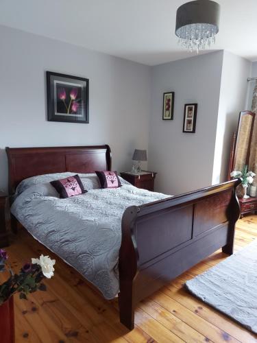 阿基尔Minaun Cliff View的卧室配有一张带粉红色枕头的大床