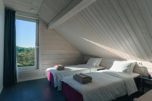 IlmasooOdi Resort的带大窗户的客房内的两张床