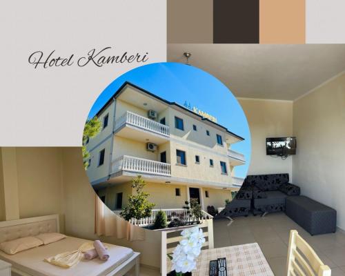 维利波吉Kamberi Hotel & Apartments的客房享有带镜子的建筑景致