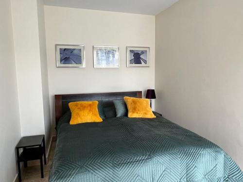 斯维诺乌伊希切Apartament LAPIS Panorama Avangard的一间卧室配有一张带两个黄色枕头的床