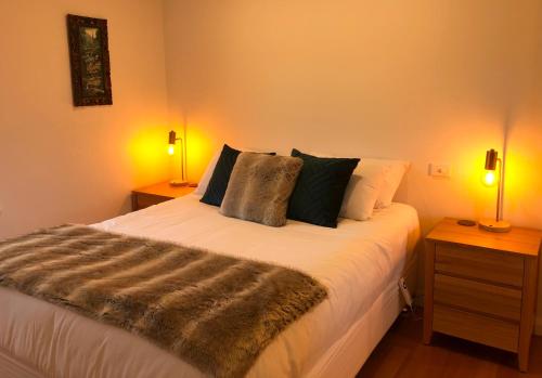 霍巴特萨拉曼卡斯卡莱特公寓的一间卧室配有一张带2个床头柜和2盏灯的床。