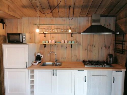 赫尔Le canard: rustig genieten aan het water的厨房配有白色橱柜、水槽和炉灶。