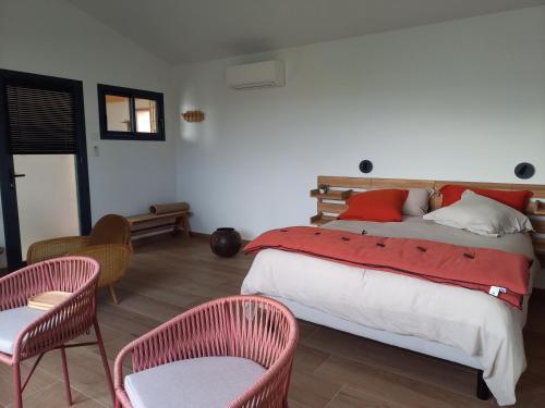 帕拉瓦莱弗洛La lagune aux oiseaux的一间卧室配有一张带红色枕头的床和两把椅子
