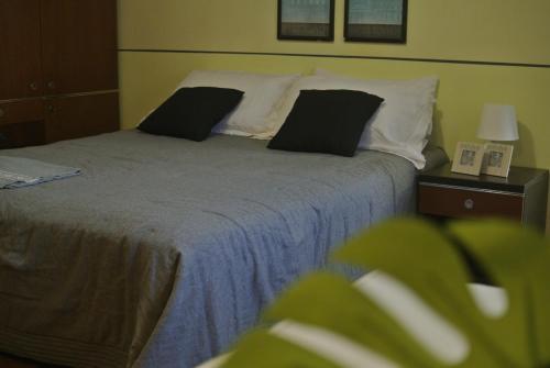 庞迪底雅科Monolocale Serafini Appartamenti Comano Terme的一间卧室配有一张带黑白枕头的床