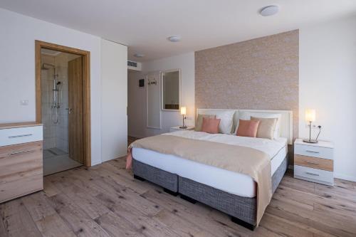 巴拉顿菲赖德Füred Centrum Panzió的一间卧室设有一张大床和一个步入式淋浴间。