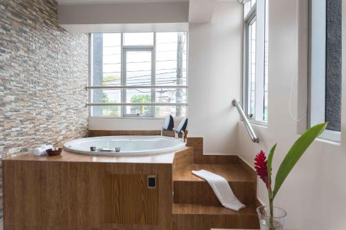 PichanakiHotel Monte Cafeto INN的带浴缸和窗户的浴室
