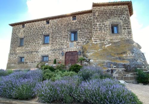韦斯卡Castillo de Corvinos的一座石头建筑,前面有紫色的花朵
