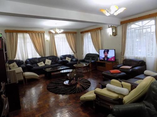 Naro MoruTranquil Homestays的客厅配有皮革家具和平面电视