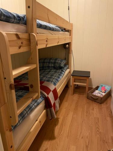 RandsverkHytte i nydelige Jotunhemen - rett ved Besseggen的一间卧室设有两张双层床,铺有木地板。