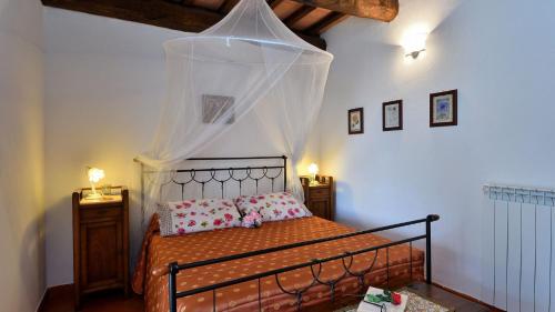 RoccalbegnaVilla Nocciola Il Poderone的一间卧室配有一张带蚊帐的床