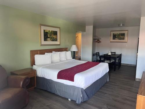 杜兰戈杜兰戈阿都比酒店的酒店客房设有一张大床和一张书桌。