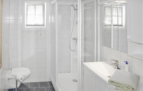 Hundeidvik汉德伊德威克嘉文内斯维根度假屋的带淋浴和盥洗盆的白色浴室