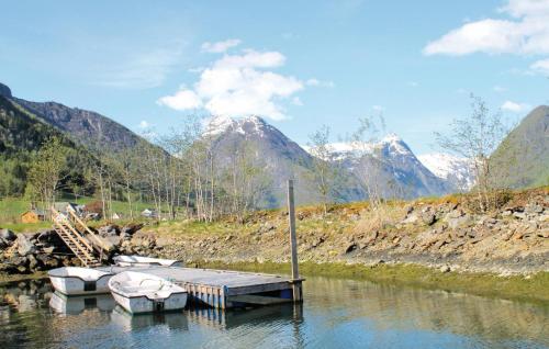 菲耶兰Cozy Home In Fjrland With House A Mountain View的几艘船停靠在一条有山的河上